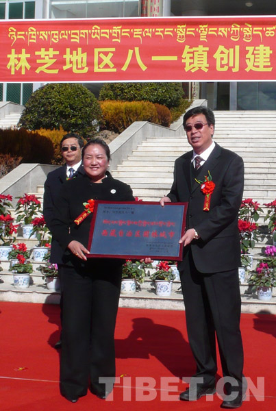 林芝地区八一镇被评为西藏第二个园林城市，图为授牌仪式现场